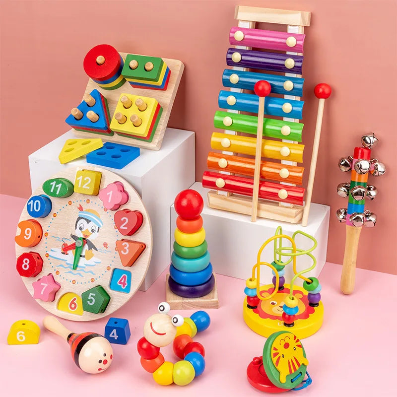 Funny Kids Montessori Wooden Toys Macaron Blocks Learning Toy Baby Music Rattles Graphic Colorful Wooden Blocks Educational Toys